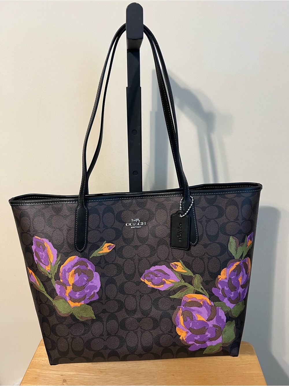 Coach Brown Signature Tote with Purple and Orange Floral Accents